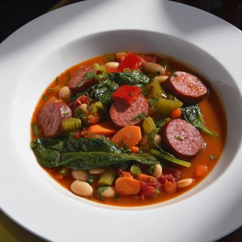 This One-Pot Sausage and White Bean Stew presents a rich, flavorful broth surrounding delicious ingredients.