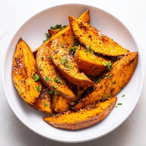 Hot, flavorful oven-baked sweet potato wedges, offering a satisfying crunch and simple preparation.