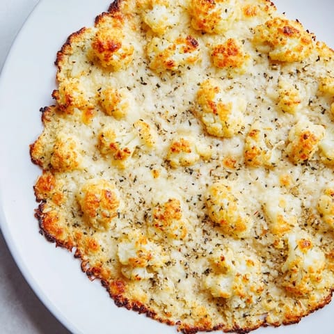 Enjoy a slice of homemade cauliflower pizza crust with melted cheese and fresh basil.