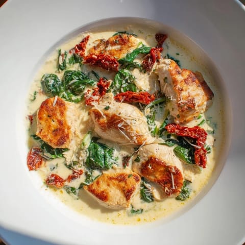 Close-up of Creamy Tuscan Chicken: creamy sauce clinging to tender chicken and vibrant spinach leaves.