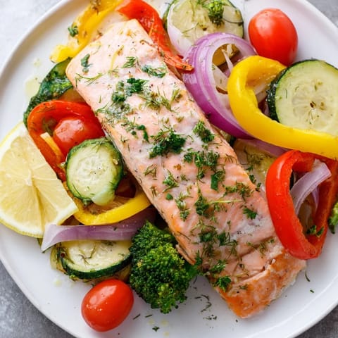 Tender salmon sheet pan bake with juicy tomatoes and bright bell peppers, a flavorful dinner.