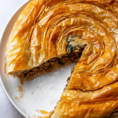A close-up of a warm, perfectly baked Bosnian Burek, showcasing layers of crispy phyllo with a rich meat filling.