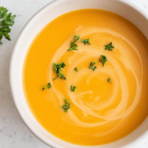 Hearty Carrot-Based Creamy Soup garnished with fresh parsley, served with crusty bread for dipping.  