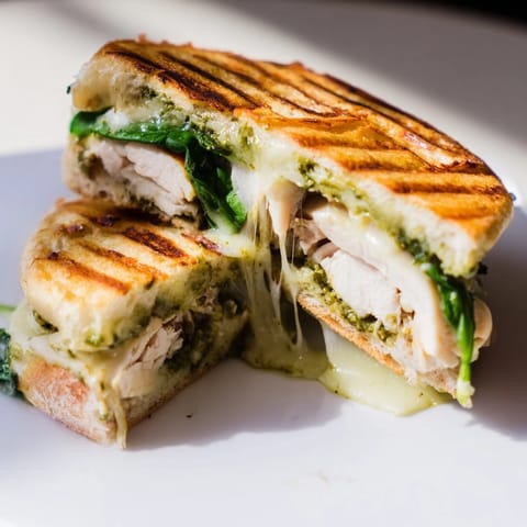 A close-up of a warm chicken pesto panini pressed between ciabatta, showcasing juicy chicken, basil pesto, and melted cheese.
