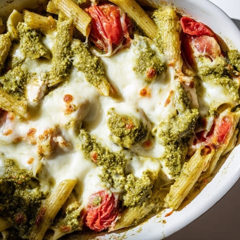 Comforting Italian-American casserole featuring penne and chicken in rich pesto sauce.  