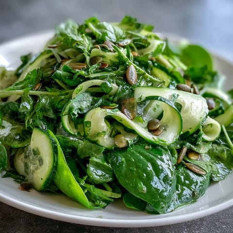 Healthy, refreshing Glowing Green Salad, ready to serve with a light zesty vinaigrette.