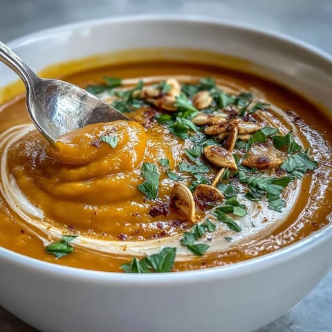 Creamy Butternut Squash Soup, roasted and blended to velvety perfection.
