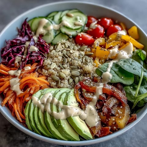 A colorful Rainbow Buddha Bowl features quinoa, chickpeas, and vibrant vegetables drizzled with a lemon-tahini dressing.