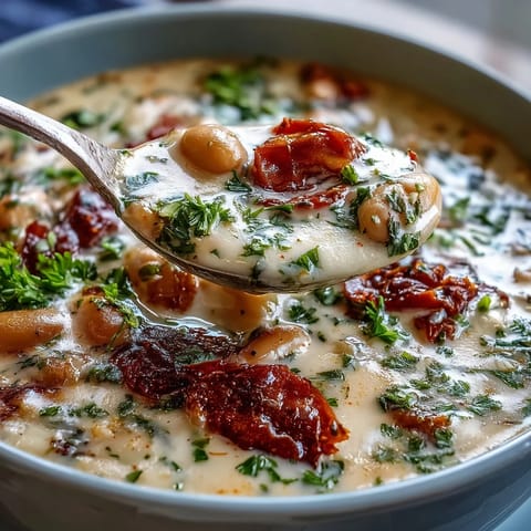 Close-up on velvety White Bean Soup With Tomato, featuring a smooth, orange-hued broth and a rustic spoon resting beside it.