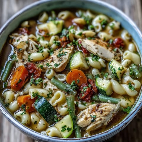A steaming bowl of pasta soup with chicken and vegetables, featuring tender chicken cubes, ditalini pasta, and colorful carrot, celery, and green bean slices, garnished with fresh parsley.  
