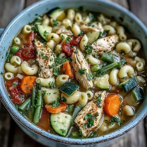 Close-up on a rustic wooden table, this pasta soup with chicken and vegetables showcases al dente pasta nestled in a rich, tomato-based broth with zucchini and peas.  