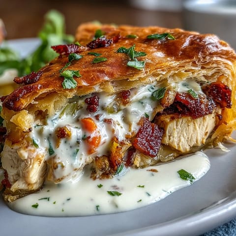 Freshly baked chicken and leek pie emerges from the oven with a flaky, golden crust, served alongside buttery mashed potatoes for a cozy meal.