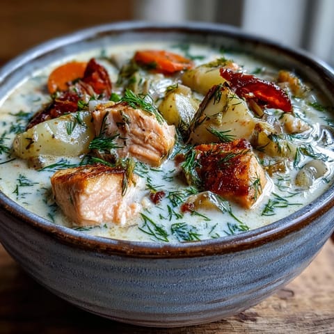 Close-up of Finnish Salmon Soup, highlighting the rich, creamy texture and vibrant orange carrots and green dill in a rustic setting.