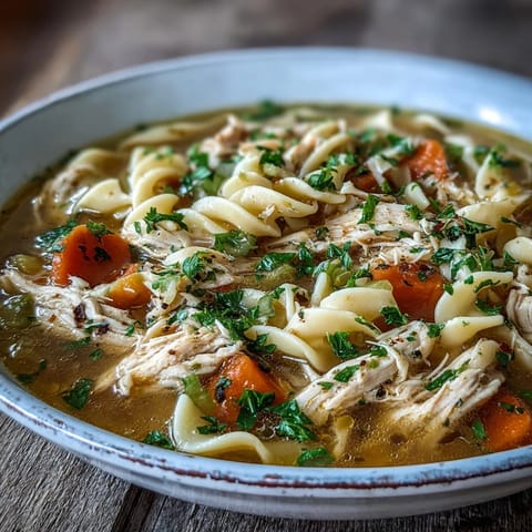 A cozy bowl of Chicken and Noodle Soup featuring hearty vegetables and soft egg noodles in a rich broth, served with a lemon wedge and crusty bread on the side.  