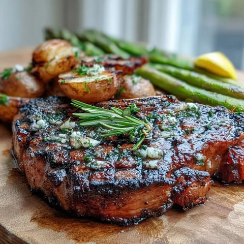 Sizzling bone-in rib eye steak garnished with fresh rosemary, resting on a cutting board.