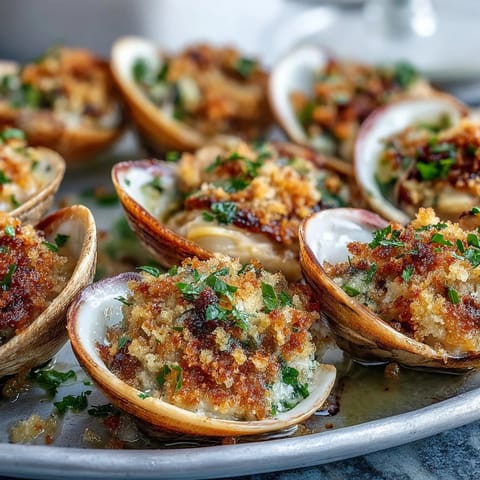 Freshly baked roasted clams with lemony panko are garnished with lemon wedges and parsley, bubbling with buttery, citrusy aroma on a rustic platter.