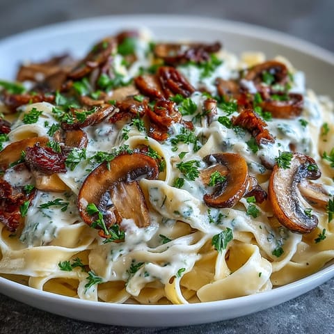 In a white bowl, Creamy Mushroom Stroganoff pasta is garnished with bright green parsley, sitting next to a glass of crisp white wine for a perfect dinner pairing.