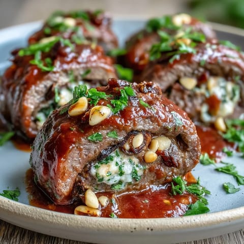 Golden-brown Sicilian-Style Braciole simmering in a rich, chunky tomato sauce in a Dutch oven, with aromatic herbs.