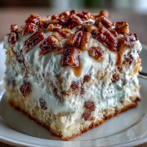 Luscious slices of Butter Pecan Tres Leches Cake with rich milk soak and sweet pecan drizzle.