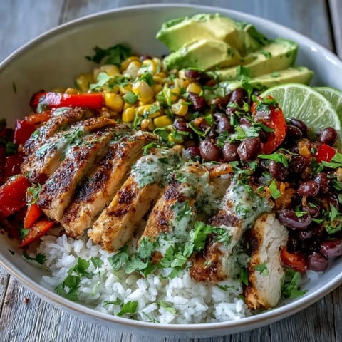 A bowl of Cajun Chicken Bowl with seasoned chicken, fluffy rice, black beans, corn, and vibrant bell peppers, topped with avocado.