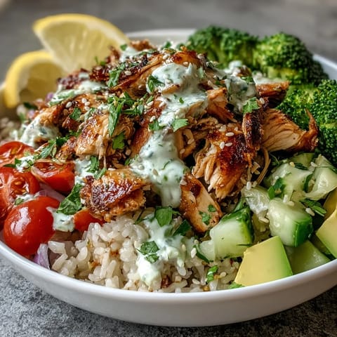 Colorful ingredients like cherry tomatoes, cucumber, and avocado fill this wholesome Rotisserie Chicken Bowl served over fluffy grains.