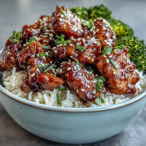 A close-up shows tender glazed chicken pieces, sesame seeds, and green onions atop a steaming bed of rice and colorful vegetables.  