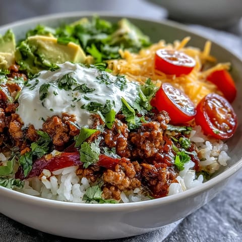 Turkey taco bowl garnished with cilantro, cheese, sour cream, and lime wedges beside a striped napkin.