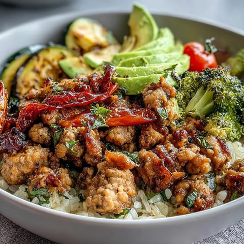 A vibrant top-down view of the Ground Turkey Bowl, featuring golden-brown turkey, tender roasted broccoli, and fresh avocado slices ready to serve.  