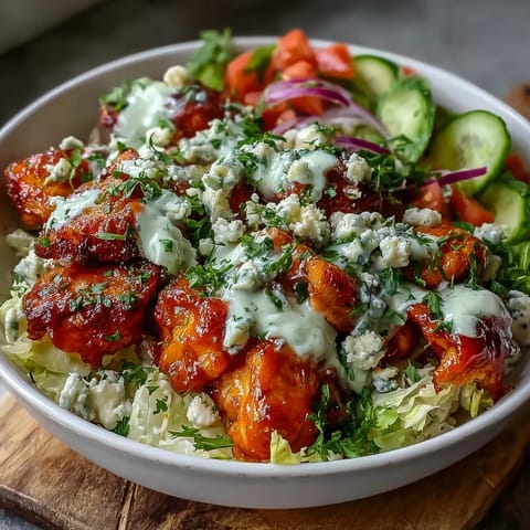 Buffalo Chicken Bowl with spicy chicken, crisp romaine, and creamy ranch dressing.