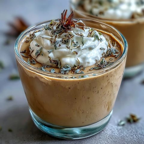 Creamy Hojicha Pudding in a glass ramekin, topped with whipped cream and cocoa powder.