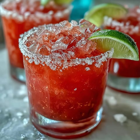 Colorful guava margarita with a Tajín rim, lime garnish, and ice cubes in a rocks glass, ready to sip.