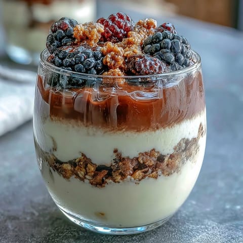 Hojicha Panna Cotta Parfait in a glass reveals creamy brown layers, fresh red berries, and crunchy golden granola topping.