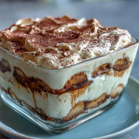 Hojicha Tiramisu layered with hojicha-dipped ladyfingers and creamy mascarpone, dusted with cocoa powder.