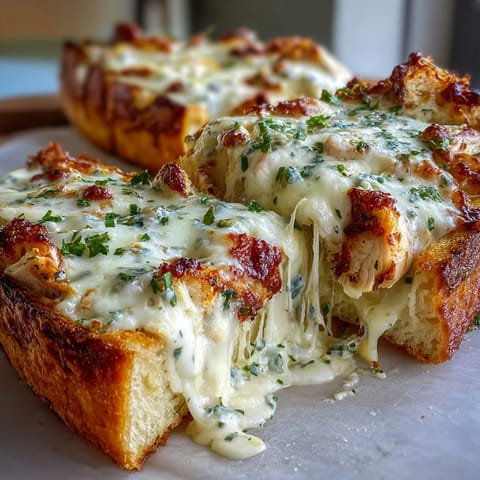 Crispy Italian bread topped with creamy Alfredo sauce, tender chicken pieces, and fresh parsley garnish on a baking sheet.