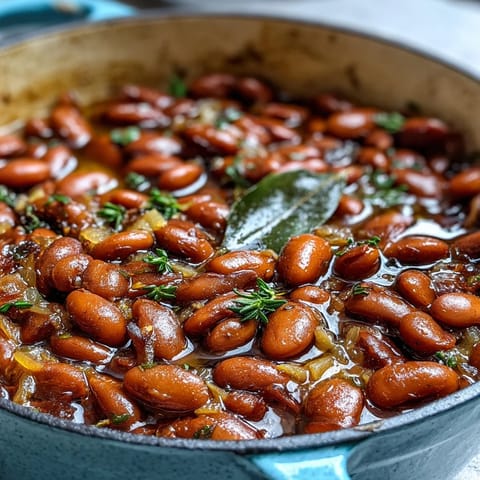 Golden-brown pinto beans with tender skins, resting in a rustic bowl with a bay leaf garnish for a Mexican-inspired meal.