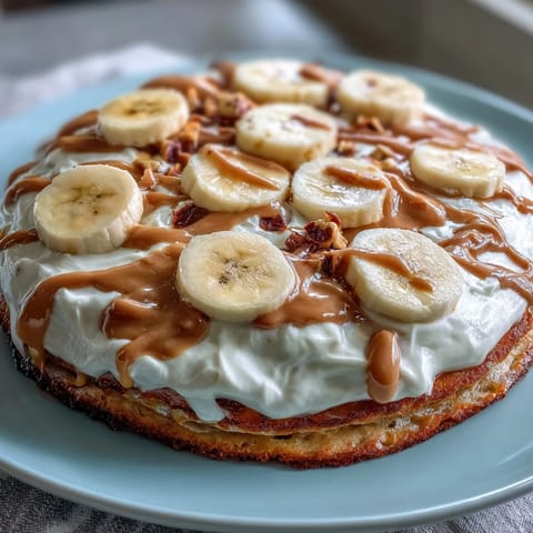 Drizzled High-Protein Breakfast Pizza Bowl with warm peanut butter and fresh banana slices on a wooden board.