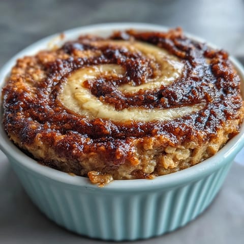 Freshly baked Cinnamon Swirl Protein Banana Baked Oats rise from a white ramekin, showcasing a golden top and visible oat texture.