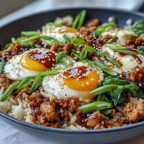 Creamy Korean Turkey Rice Skillet topped with a halved jammy egg and scallions in a skillet