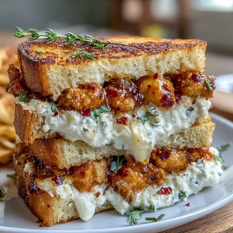 Golden-brown sourdough slices reveal melty goat cheese and hot honey chicken, with chili flakes sprinkled on top.