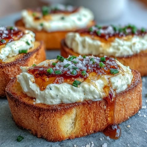 Golden-brown toasted baguette slices topped with creamy whipped goat cheese blend and drizzled with sweet spicy hot honey garnished with fresh chives.
