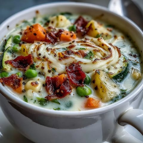 Creamy Garlic Parmesan Veggie Soup steams in a rustic bowl, with melted cheese pull and vibrant diced veggies, served beside crusty artisan bread.