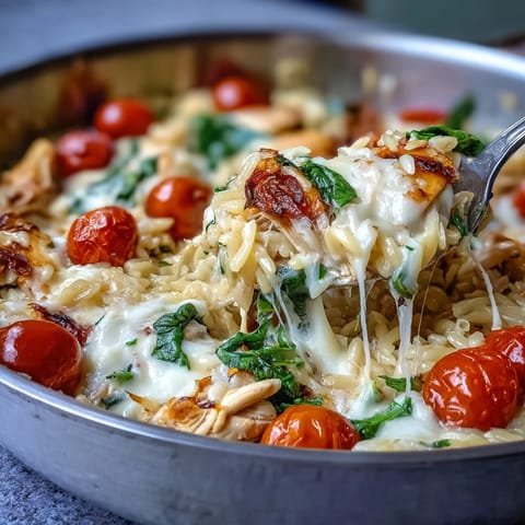 Savory One-Pan Creamy Chicken Lasagna Orzo featuring tender chicken, cherry tomatoes, and wilted spinach, ready to serve with garlic bread.