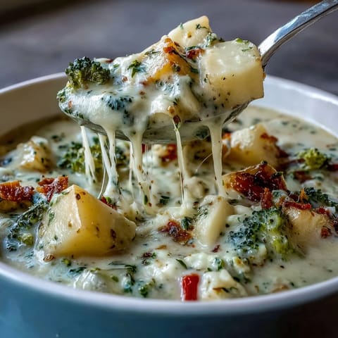 A ladle lifts Creamy Garlic Parmesan Veggie Soup, revealing melted mozzarella and tender broccoli in a rich, cheesy broth.