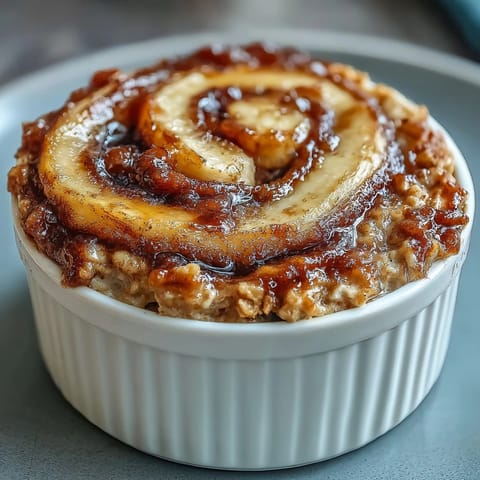 Freshly baked Cinnamon Swirl Protein Banana Baked Oats rising high in a white ramekin, topped with sliced bananas and a dollop of Greek yogurt. 
