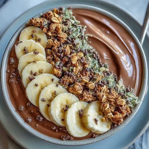 Chunky Monkey Smoothie Bowl topped with fresh banana slices, crunchy granola, and cacao nibs for a satisfying breakfast or snack.