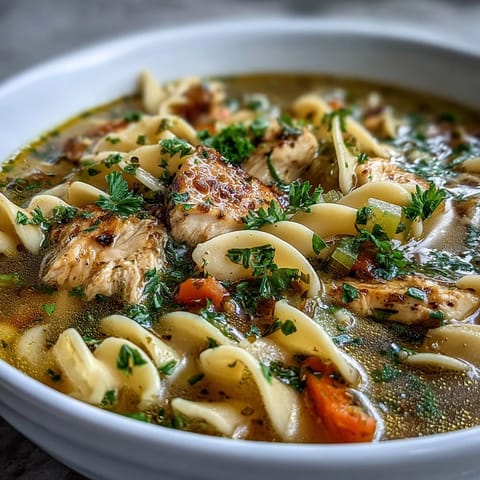 Cozy bowl of Ginger Turmeric Chicken Soup featuring aromatic spices, chicken, and egg noodles for a hearty meal.  
