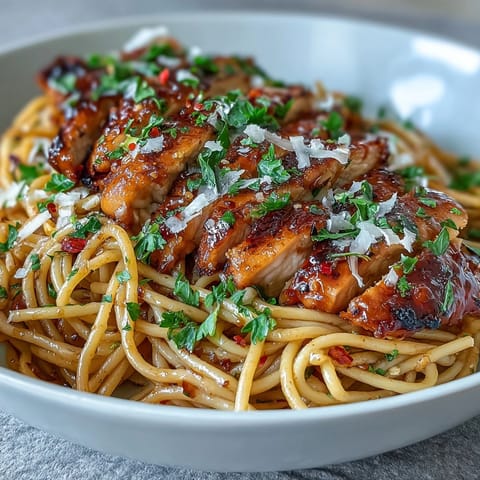 Creamy honey garlic chicken pasta with glossy sauce, Parmesan, and sliced chicken, garnished with fresh parsley and red pepper flakes.  
