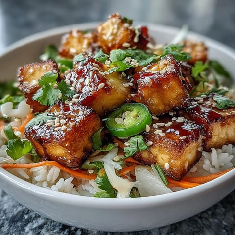 Crispy golden tofu cubes served with tangy pickled veggies, fresh cilantro, and zesty vegan sriracha mayo in a colorful bowl.  