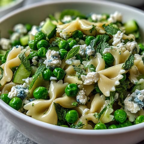 Close-up of vibrant spring pea and mint pasta salad tossed with lemon vinaigrette, cucumber, and spring onions on a rustic wooden table.  