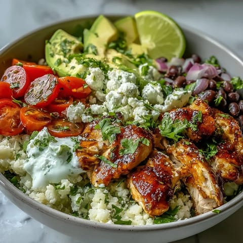 A colorful, low-calorie burrito bowl featuring zesty cauliflower rice, seasoned chicken, and a medley of healthy toppings.  